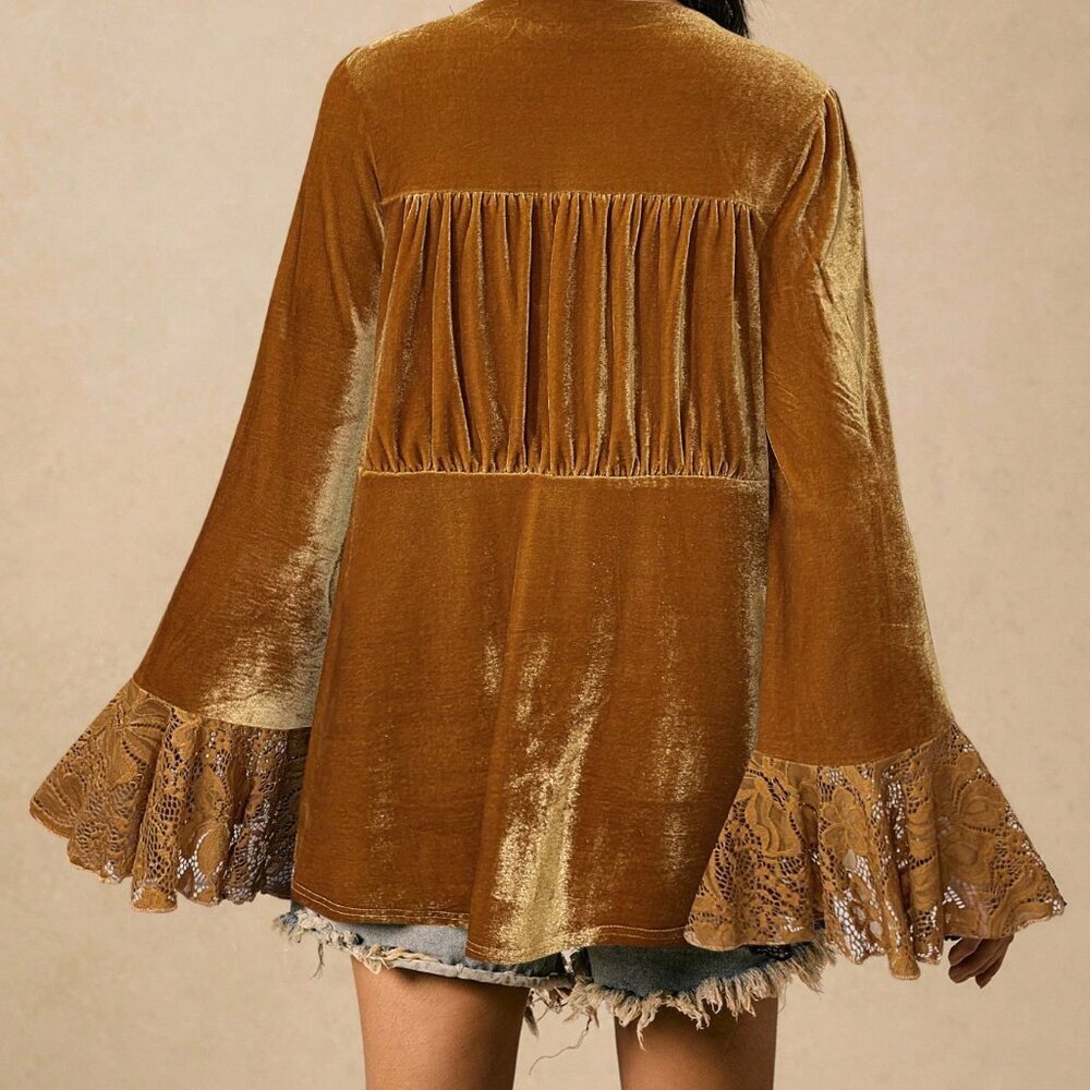 Yellow Boho Women's V-Neck Rose Lace Patchwork Jacket - Picture 2 of 7